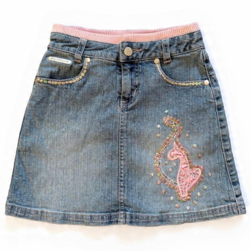Y2K Baby Phat Kids (Size 8) Denim Skirt - Embroidered Cat Logo Rhinestone Detail